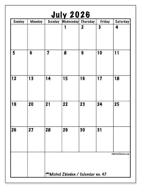 Printable July 2026 calendar - Efficient planning - Week: Sunday to Saturday