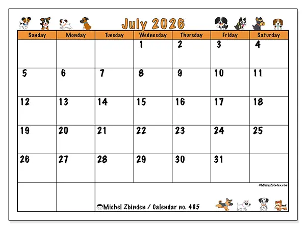 Printable July 2026 calendar - Enthusiastic dogs - Week: Sunday to Saturday