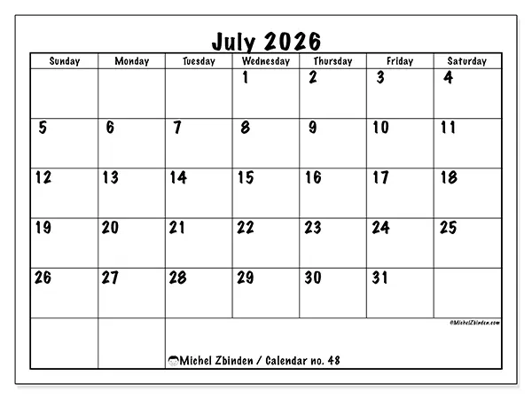 Printable July 2026 calendar - Daily efficiency - Week: Sunday to Saturday