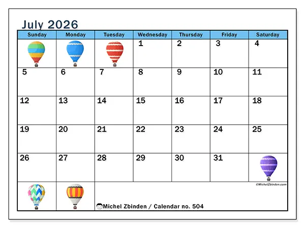 Printable July 2026 calendar - Hot air balloons - Week: Sunday to Saturday