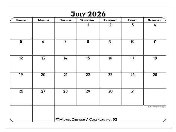 Printable July 2026 calendar - Professional organization - Week: Sunday to Saturday