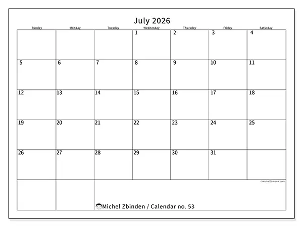 Printable July 2026 calendar - Efficient schedule - Week: Sunday to Saturday
