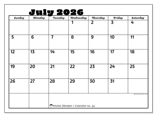 Printable July 2026 calendar - Family activities - Week: Sunday to Saturday