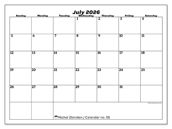 Printable July 2026 calendar - Leisure organization - Week: Sunday to Saturday