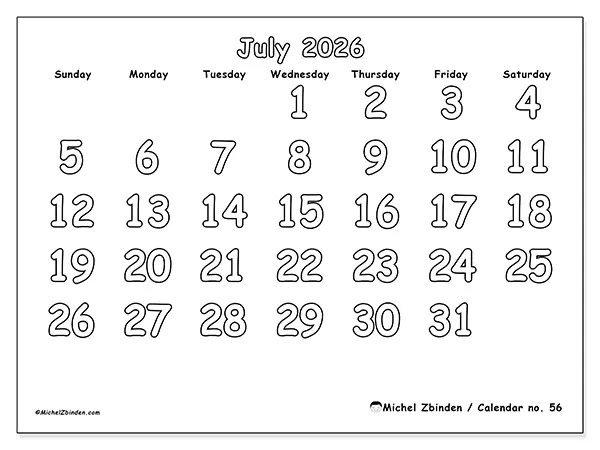 Printable July 2026 calendar - Useful coloring - Week: Sunday to Saturday