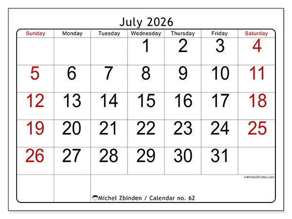 Printable July 2026 calendar - Speed reading - Week: Sunday to Saturday