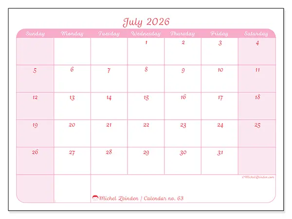 Printable July 2026 calendar - Gentle organization - Week: Sunday to Saturday