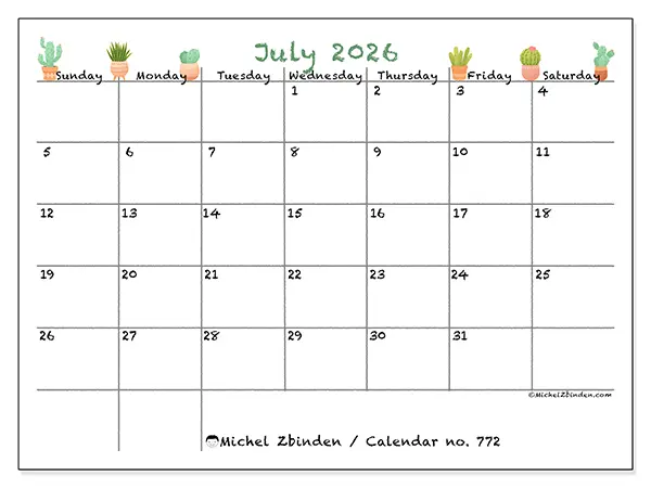 Printable July 2026 calendar - Decorative cactus - Week: Sunday to Saturday