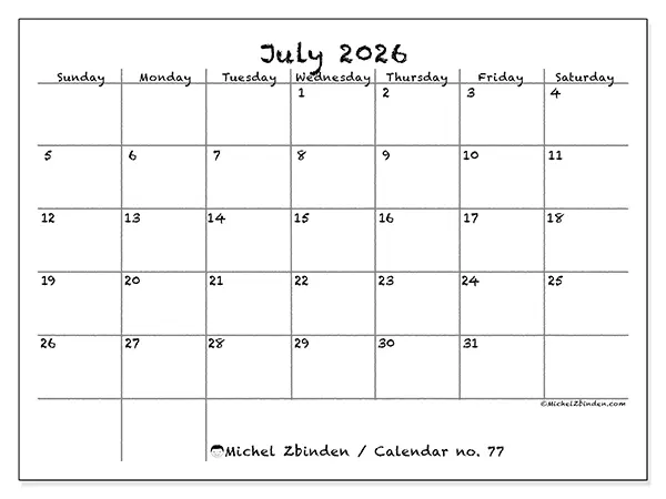 Printable July 2026 calendar - School and family - Week: Sunday to Saturday