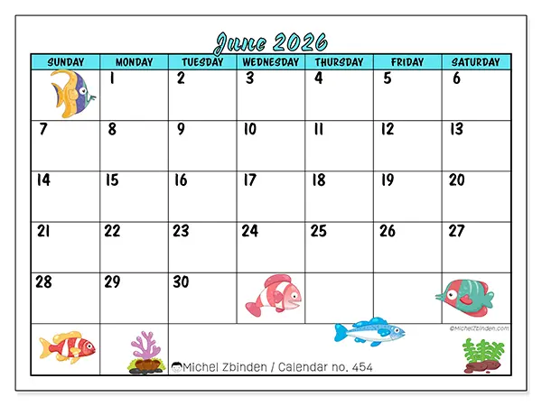 June 2026 calendar no. 454 - Sea and fish - Michel Zbinden EN
