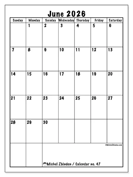 Printable June 2026 calendar - Efficient planning - Week: Sunday to Saturday