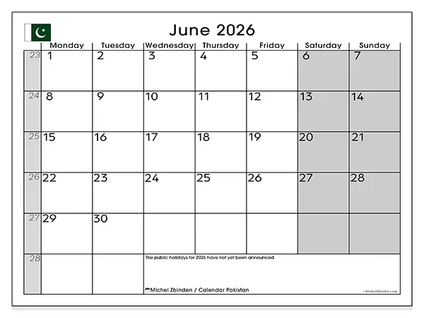 June 2026 calendar - Pakistan - Michel Zbinden EN