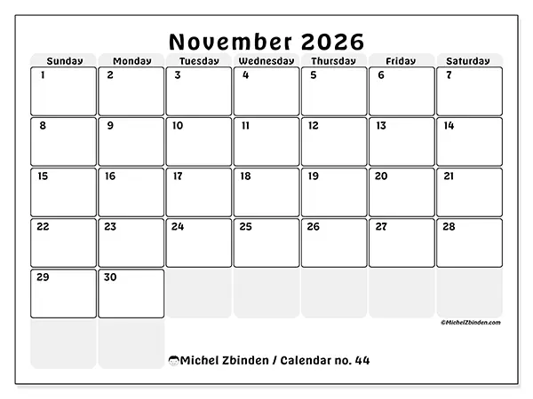 Printable November 2026 calendar - Structured planning - Week: Sunday to Saturday