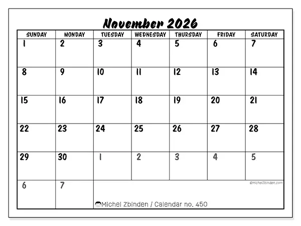 Printable November 2026 calendar - Detailed organization - Week: Sunday to Saturday