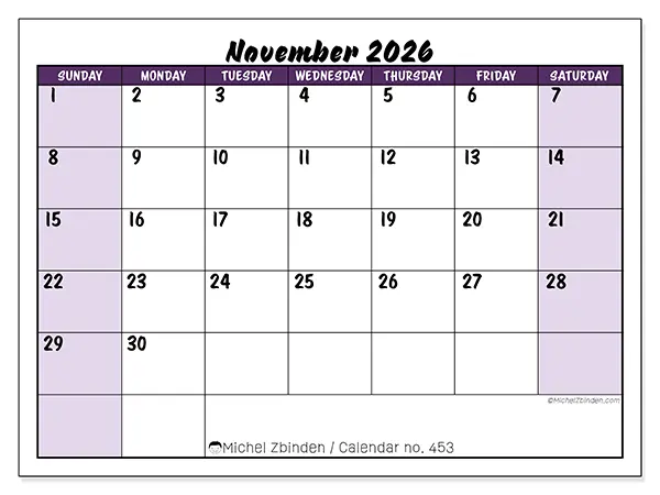 Printable November 2026 calendar - Colorful efficiency - Week: Sunday to Saturday