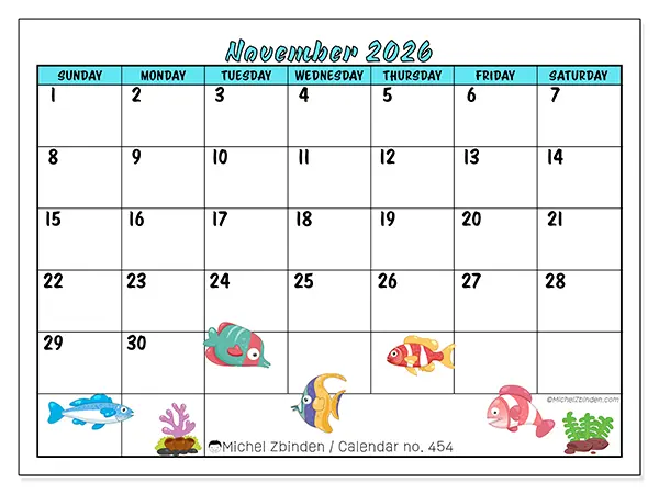 Printable November 2026 calendar - Colorful fish - Week: Sunday to Saturday
