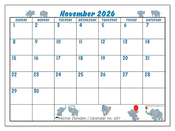 Printable November 2026 calendar - Little elephants - Week: Sunday to Saturday