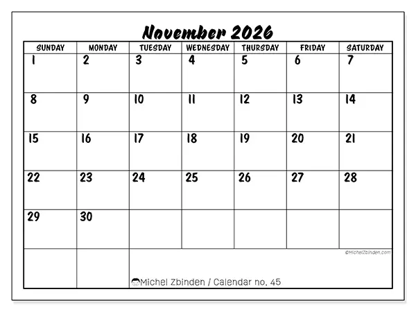 Printable November 2026 calendar - Academic success - Week: Sunday to Saturday