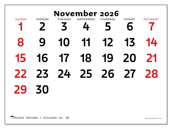 Printable November 2026 calendar - Clear vision - Week: Sunday to Saturday