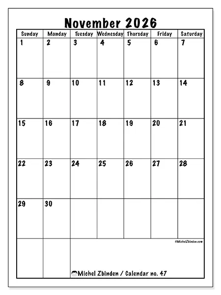 Printable November 2026 calendar - Efficient planning - Week: Sunday to Saturday