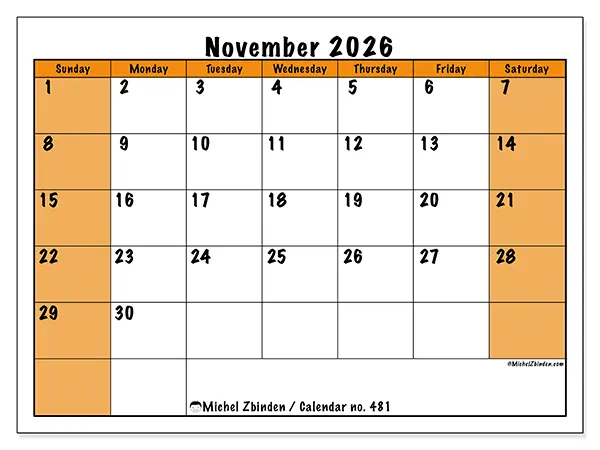 Printable November 2026 calendar - Dynamic planning - Week: Sunday to Saturday
