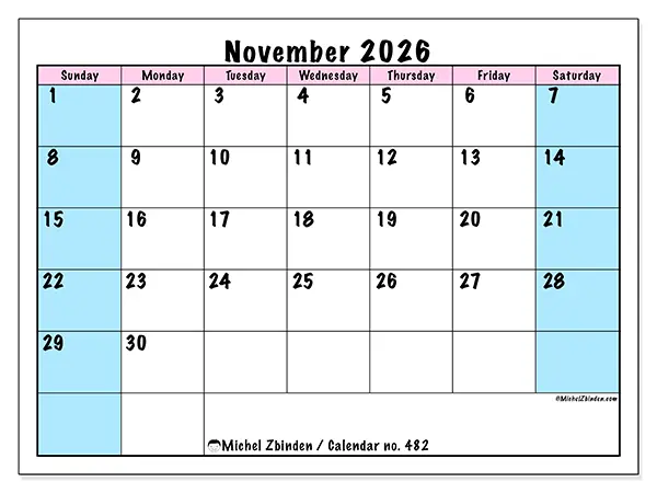Printable November 2026 calendar - Team schedule - Week: Sunday to Saturday