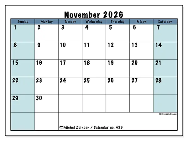 Printable November 2026 calendar - Structured for school - Week: Sunday to Saturday