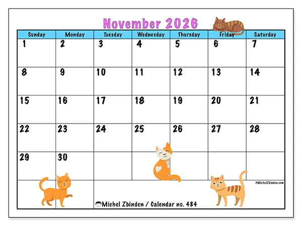 Printable November 2026 calendar - Love of cats - Week: Sunday to Saturday