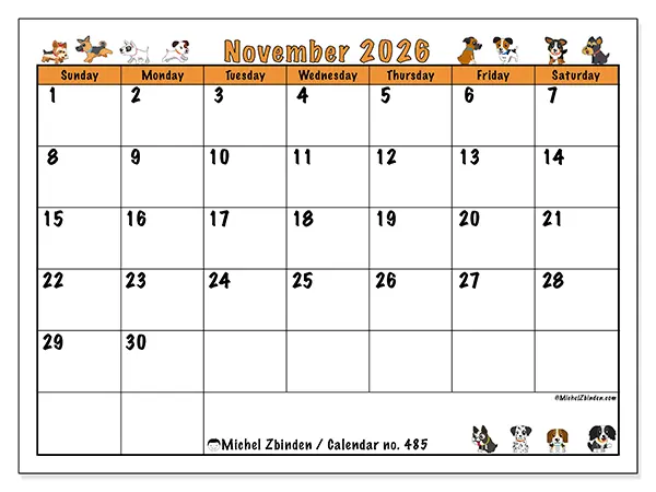 Printable November 2026 calendar - Enthusiastic dogs - Week: Sunday to Saturday