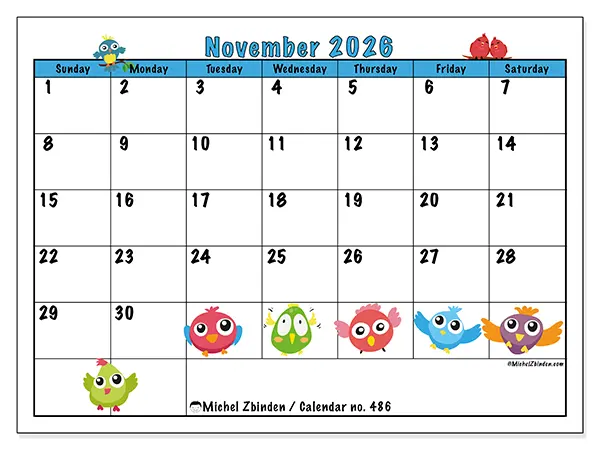 Printable November 2026 calendar - Funny birds - Week: Sunday to Saturday