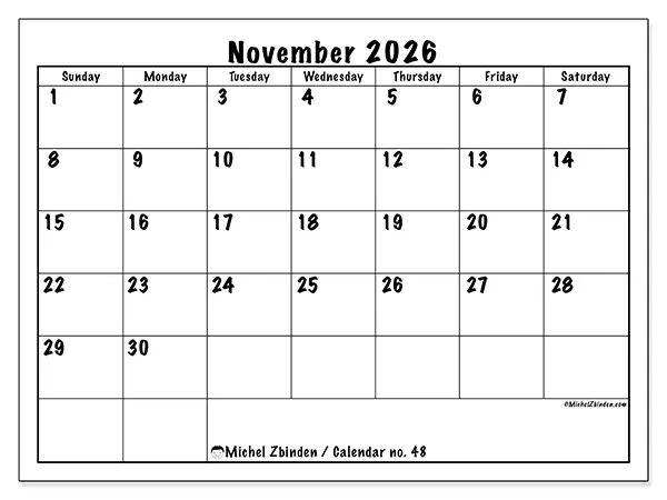 Printable November 2026 calendar - Daily efficiency - Week: Sunday to Saturday
