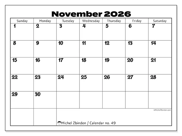 Printable November 2026 calendar - Productive coordination - Week: Sunday to Saturday