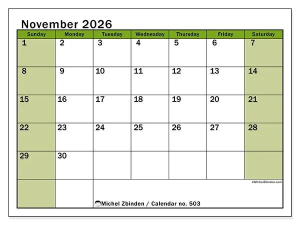 Printable November 2026 calendar - Lively organization - Week: Sunday to Saturday