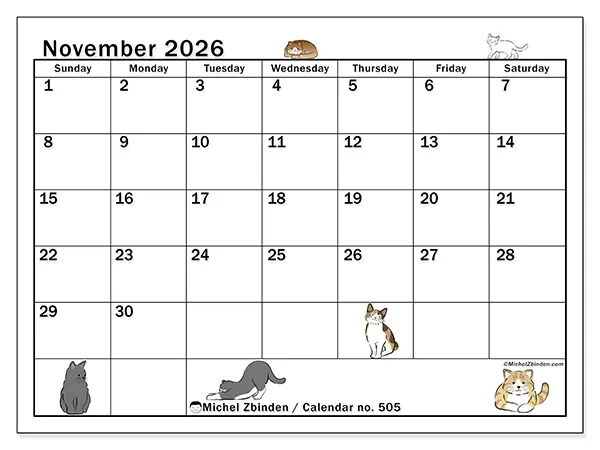 Printable November 2026 calendar - Cat life - Week: Sunday to Saturday