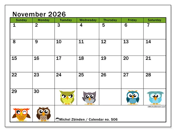 Printable November 2026 calendar - Funny owls - Week: Sunday to Saturday