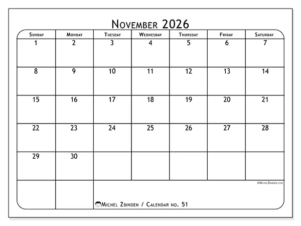 Printable November 2026 calendar - Meal planner - Week: Sunday to Saturday