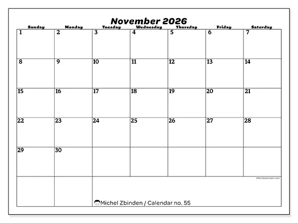 Printable November 2026 calendar - Leisure organization - Week: Sunday to Saturday