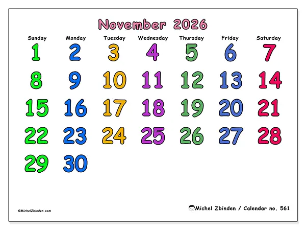 Printable November 2026 calendar - Creative moments - Week: Sunday to Saturday