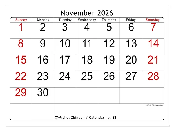 Printable November 2026 calendar - Speed reading - Week: Sunday to Saturday