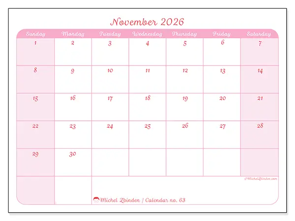 Printable November 2026 calendar - Gentle organization - Week: Sunday to Saturday
