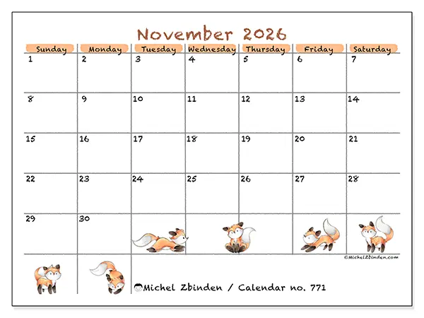 Printable November 2026 calendar - Fox drawings - Week: Sunday to Saturday