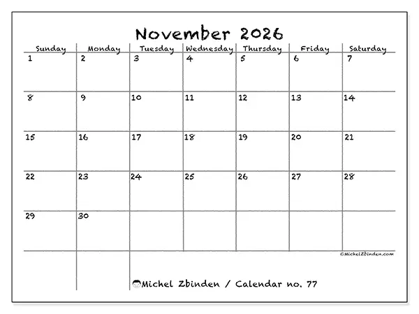 Printable November 2026 calendar - School and family - Week: Sunday to Saturday