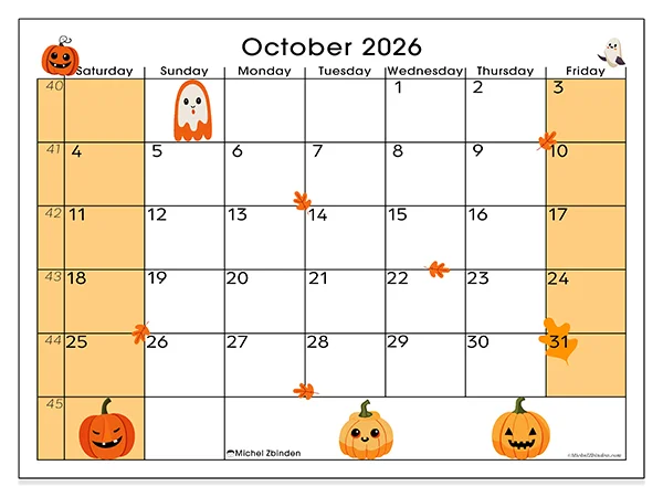 Printable October 2026 calendar - Halloween mood - Week: Sunday to Saturday