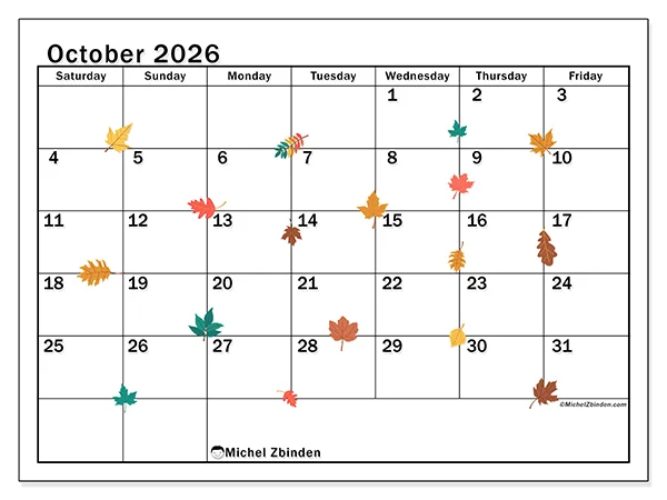 Printable October 2026 calendar - Autumn leaves - Week: Sunday to Saturday