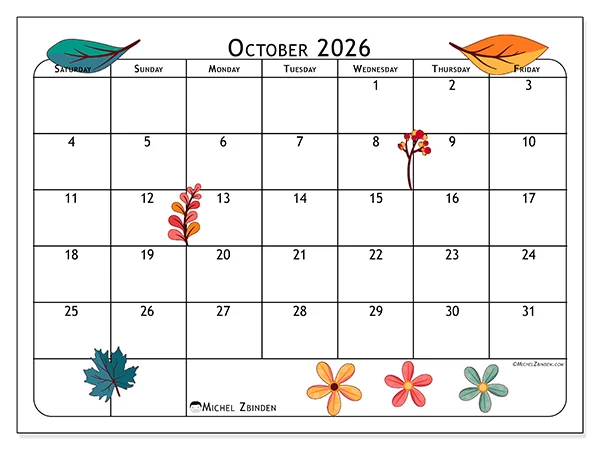 Printable October 2026 calendar - October flowers - Week: Sunday to Saturday