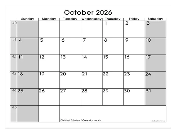 Printable October 2026 calendar - Perfect organization - Week: Sunday to Saturday