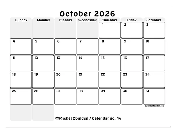 Printable October 2026 calendar - Structured planning - Week: Sunday to Saturday