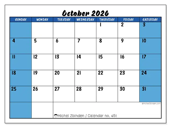 Printable October 2026 calendar - Dynamic organization - Week: Sunday to Saturday