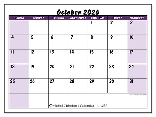 Printable October 2026 calendar - Colorful efficiency - Week: Sunday to Saturday