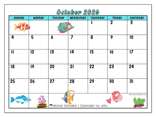 Printable October 2026 calendar - Colorful fish - Week: Sunday to Saturday